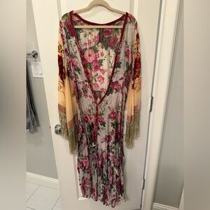 aratta floral velvet fringe kimono dress